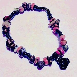 Rhodonite Tumbles, Hematite & Onyx Bracelet w/ Black Metal Rose Charm Bracelet